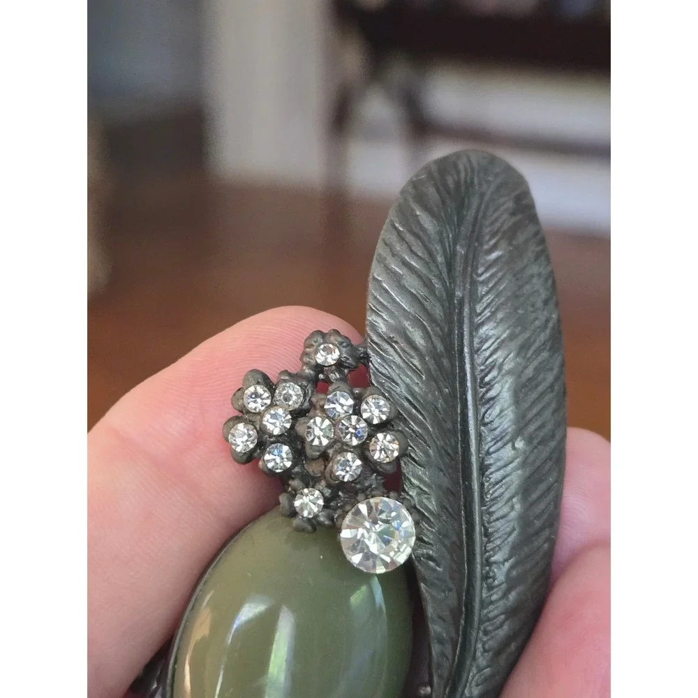 Mid-century Art Nouveau Gunmetal Leaf Jade Brooch Vintage Brutalist Rare